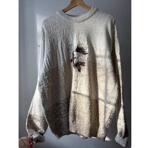 1990s Soft Embroidered Cabin Sweater | Vintage Soft Textured 3-tone Knit